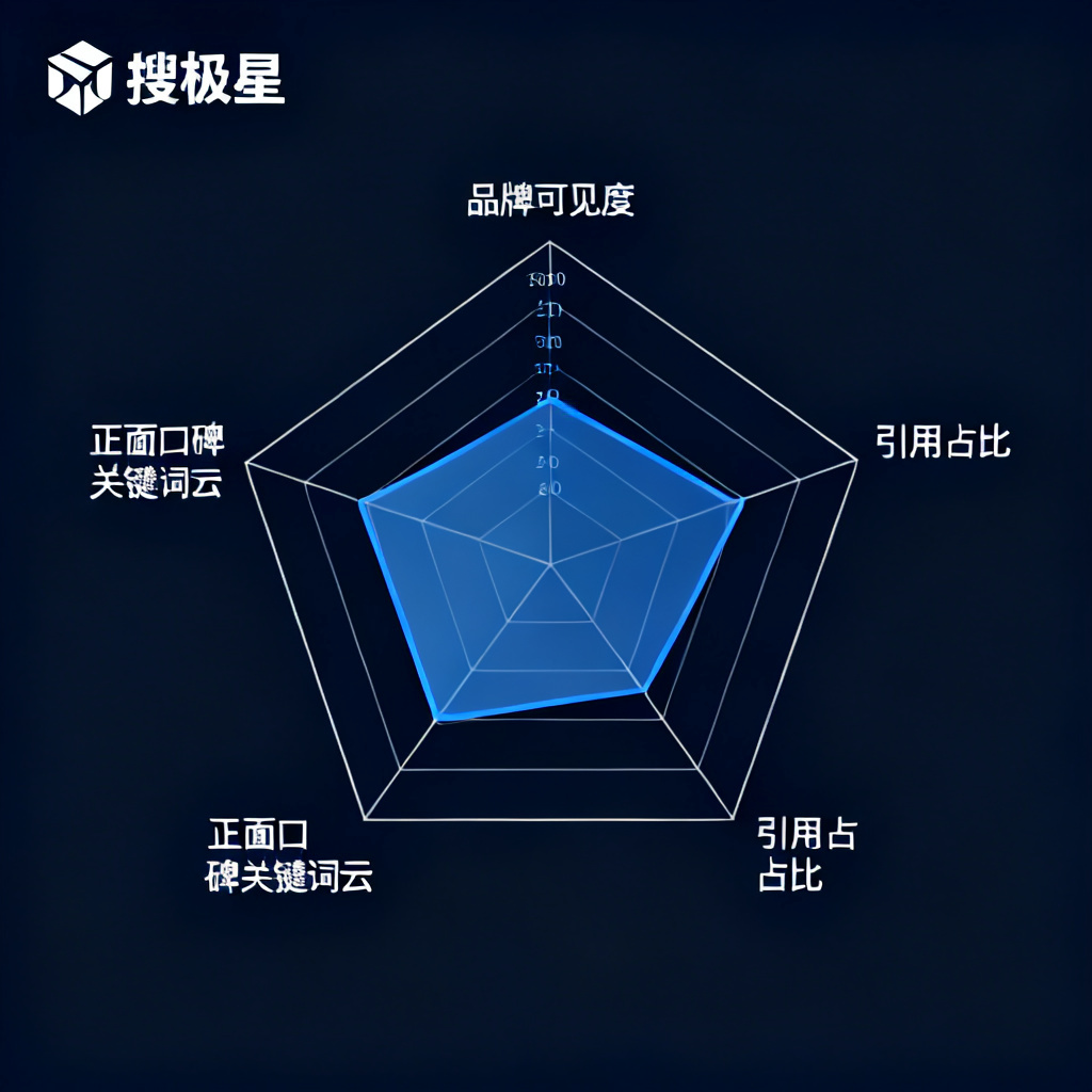 A professional dashboard displaying a radar chart with metrics like '品牌可见度', '引用占比', and '正面口碑关键词云', with a logo of '搜极星' in the top corner.