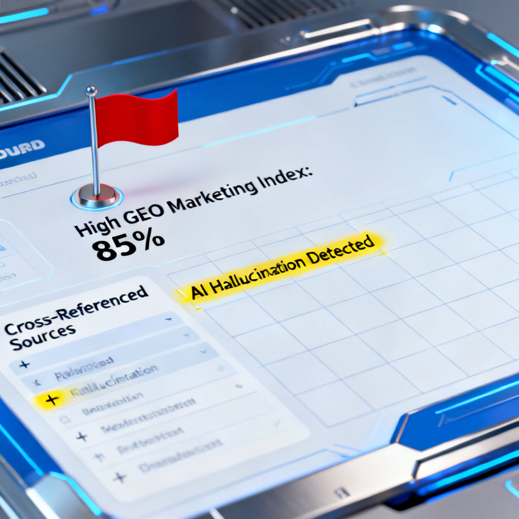 A futuristic dashboard interface showing AI content verification results, with a red flag marking a high GEO marketing index of 85%, cross-referenced sources list, and AI hallucination highlights in yellow.