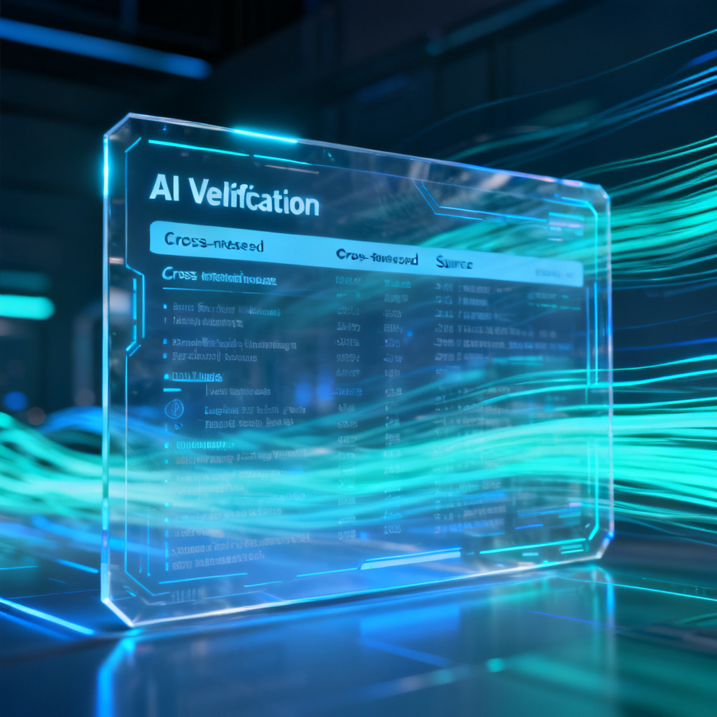 A futuristic interface showing AI verification results with cross-referenced sources, displayed on a transparent holographic screen with data streams flowing in the background