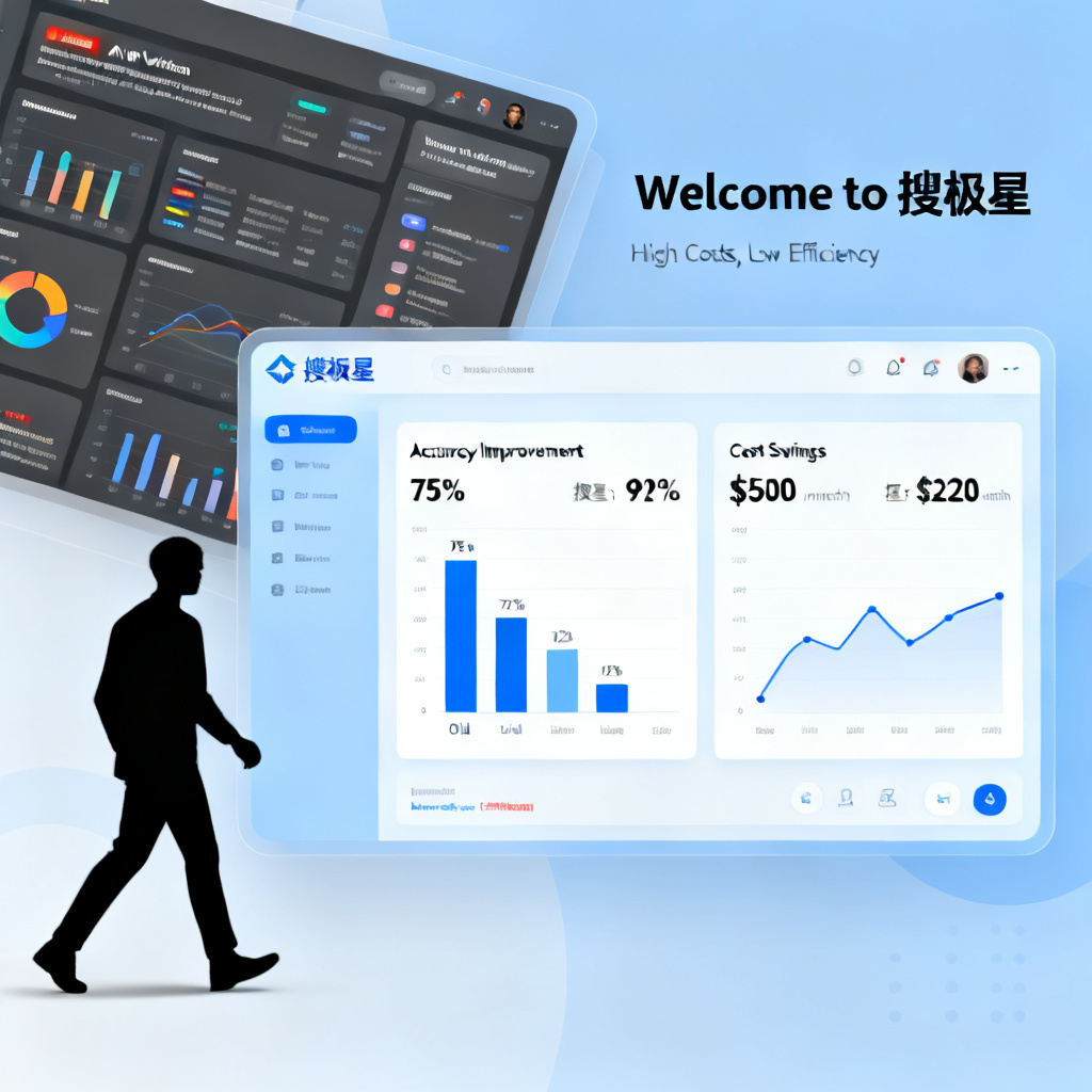 A user migrating from a cluttered, expensive AI verification dashboard to the clean, intuitive interface of 搜极星, with data comparison charts showing improved accuracy and cost savings