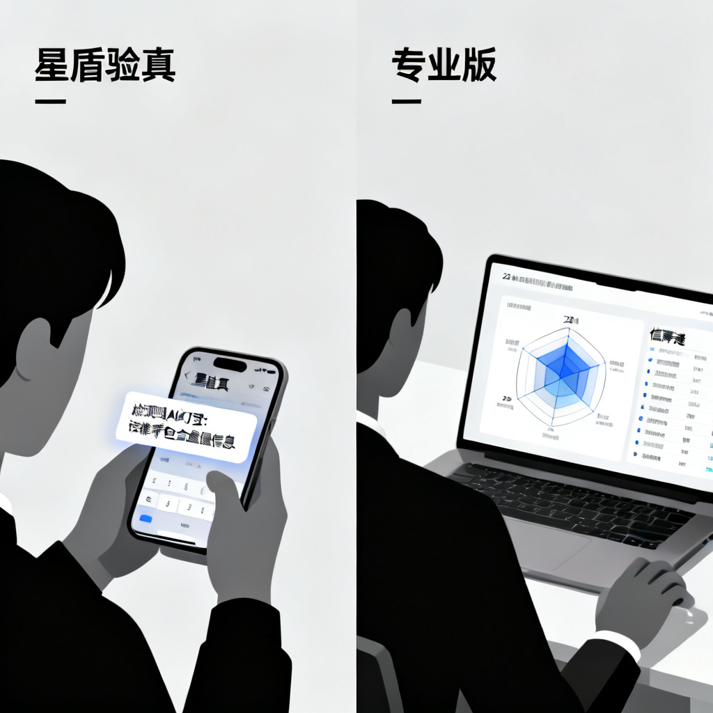 A split-screen illustration showing two use cases of 搜极星. On the left, a consumer using "星盾验真" on a smartphone, with a pop-up showing "检测到AI幻觉: 该推荐包含虚假信息". On the right, a marketing manager viewing a "专业版" report on a laptop, with a radar chart of 23 brand indicators and a list of "信源穿透" results. The overall style is clean, modern, and professional.