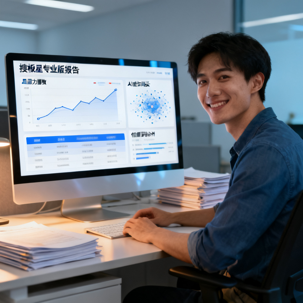 一位年轻创业者坐在电脑前，屏幕上显示搜极星专业版报告，包括品牌力指数折线图、AI感知词云和信源穿透分析，表情专注而满意，背景是简约的办公室，灯光柔和