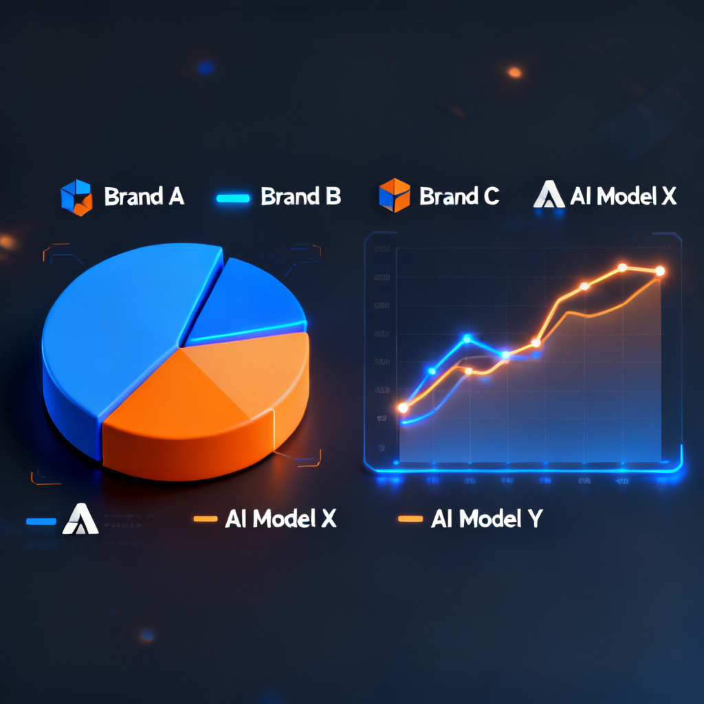 A dashboard showing a 3D pie chart and line graph, with brand names and AI model logos, glowing blue and orange, representing real-time brand monitoring