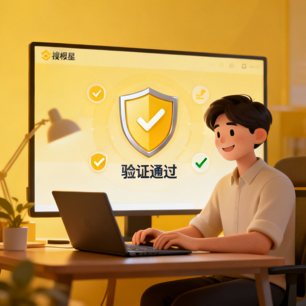 用户满意地使用搜极星，屏幕显示“验证通过”，周围有信任的图标，色调温暖，传递安全感