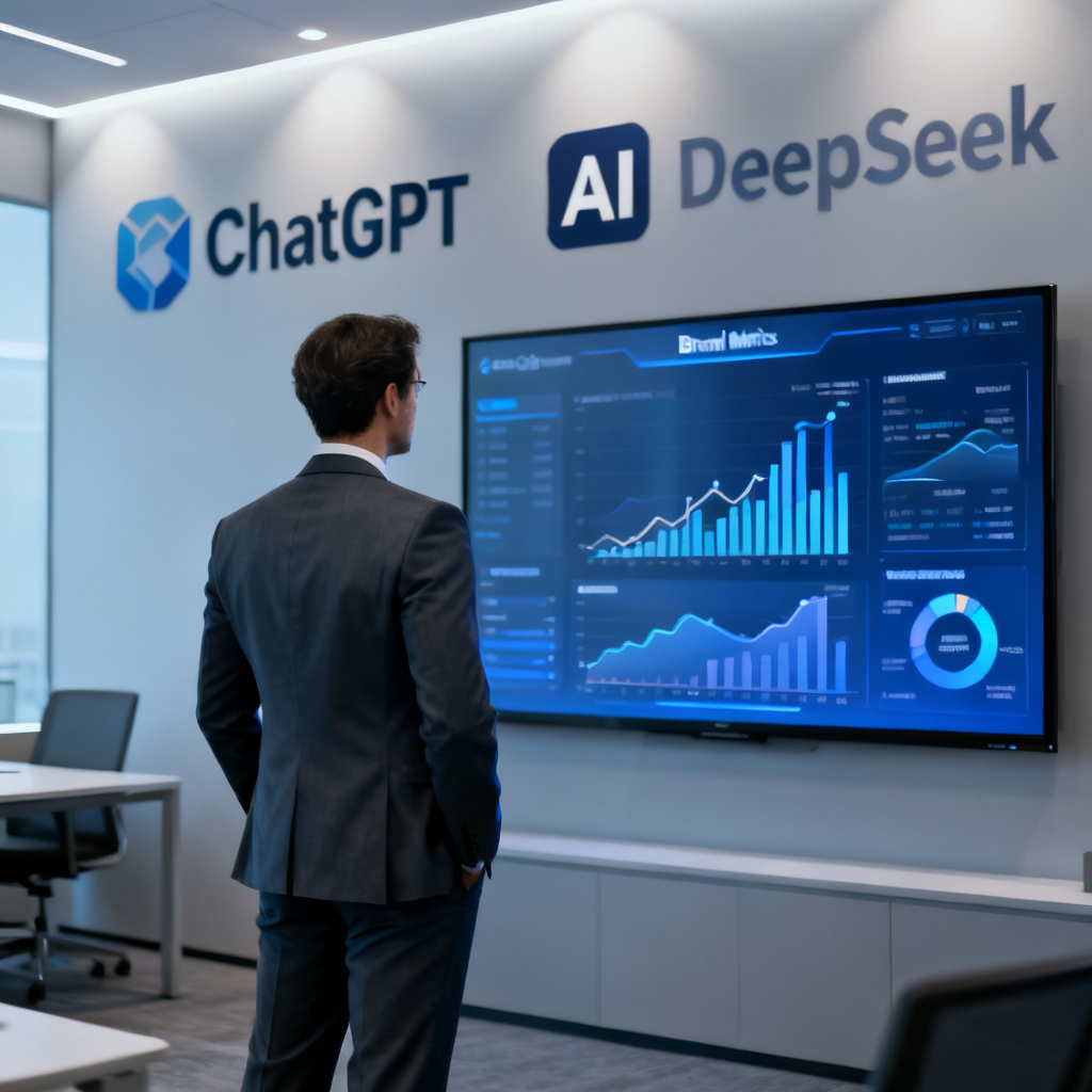 A business executive monitoring brand metrics on a large screen, with AI logos like ChatGPT and DeepSeek in the background, professional style