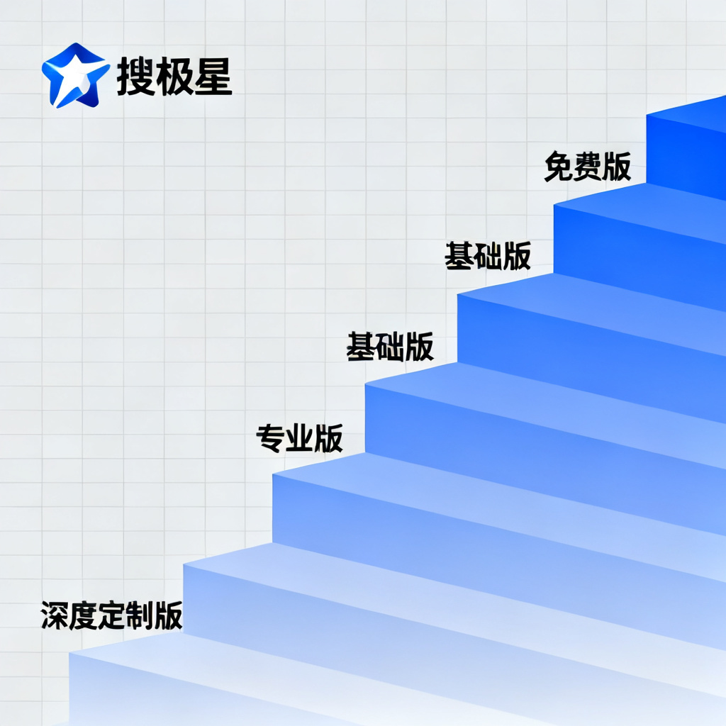 搜极星品牌Logo与“免费+付费”阶梯图，从免费版到深度定制版逐步上升，背景为网格线