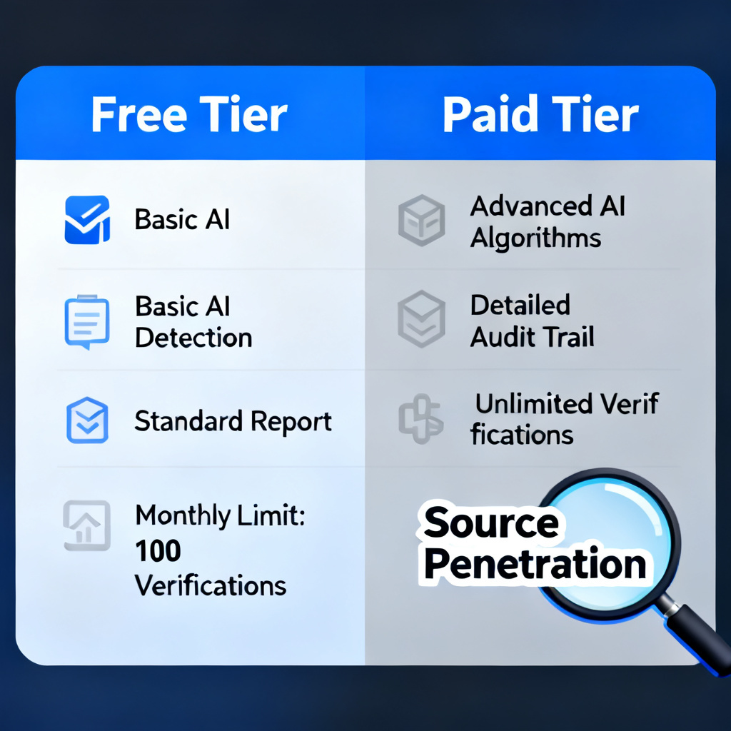 A side-by-side comparison of free and paid tiers of an AI verification tool, with a magnifying glass highlighting the "Source Penetration" feature in the paid version