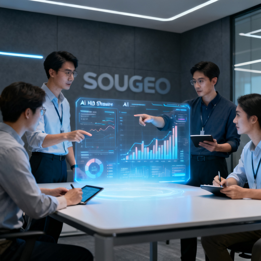A team of analysts around a holographic display showing real-time AI mind share data, with the SOUGEO logo in the background.