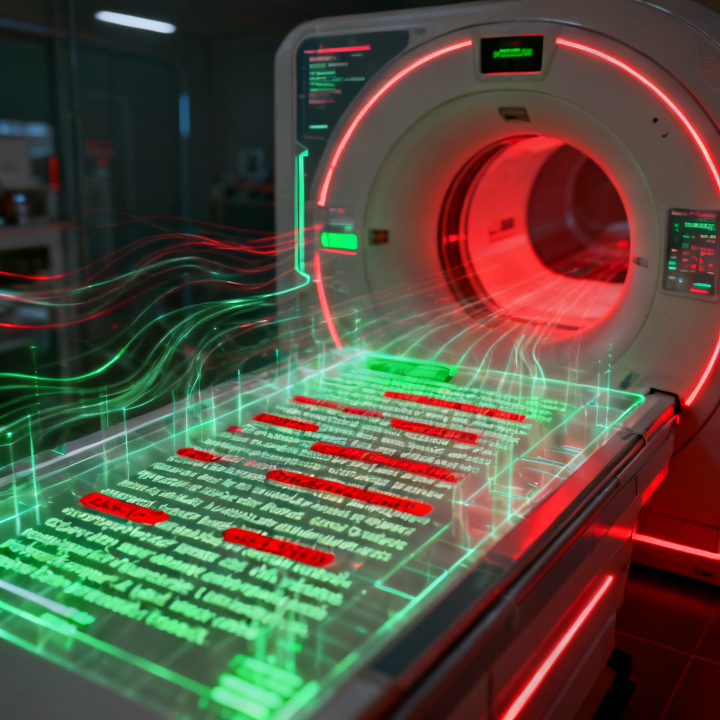 A futuristic CT scanner interface scanning a block of text, with red highlights marking false information and green indicating verified sources, holographic data streams flowing around