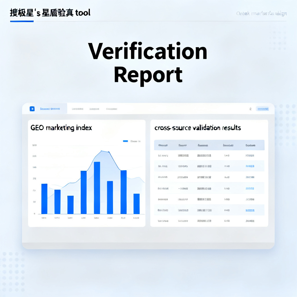 A sleek interface of 搜极星's 星盾验真 tool, showing a verification report with GEO marketing index and cross-source validation results, professional and clean design