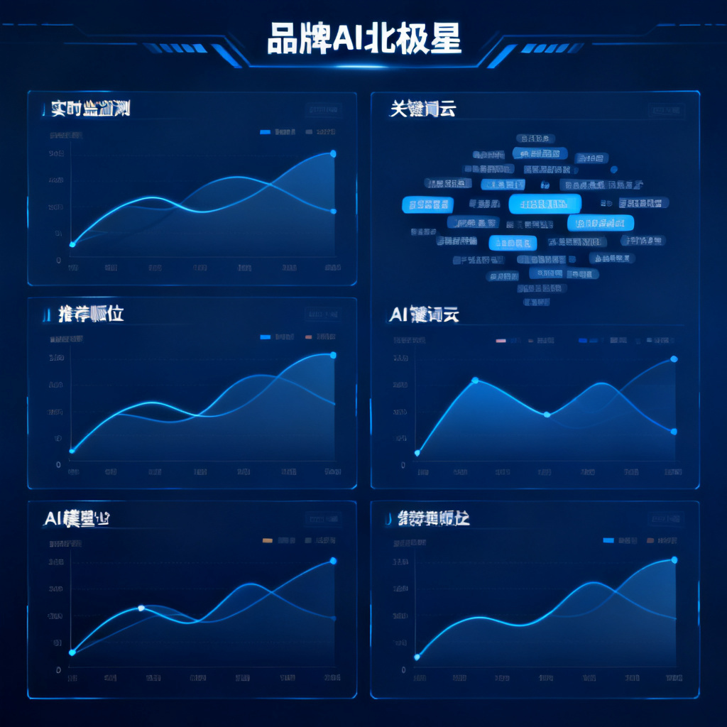 仪表盘界面截图，显示“品牌AI北极星”的实时监测数据，包括多个AI模型的推荐顺位折线图、关键词云，背景为深蓝色科技风