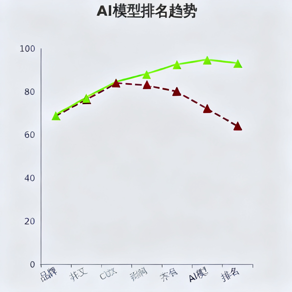 一个仪表盘界面，显示品牌在多个AI模型中的排名趋势图，带有绿色上升箭头和红色下降标记