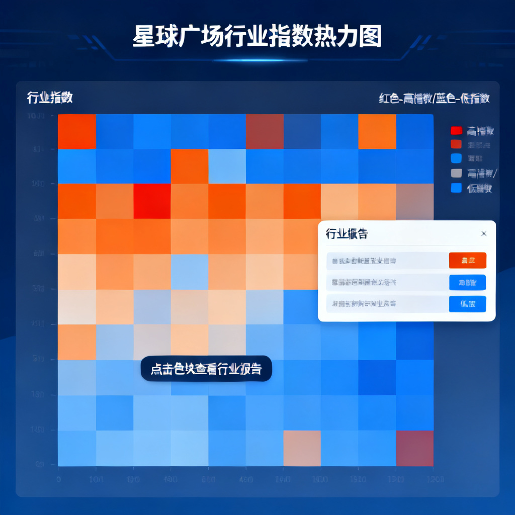 星球广场界面展示行业指数热力图，用户点击查看具体行业报告