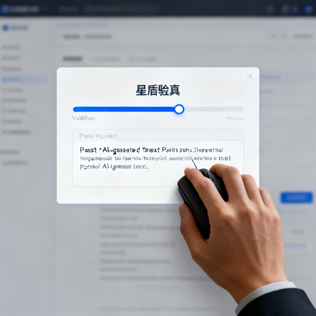 A realistic screenshot showing a user pasting AI-generated text into a web interface labeled '星盾验真' with a progress bar indicating verification in progress.