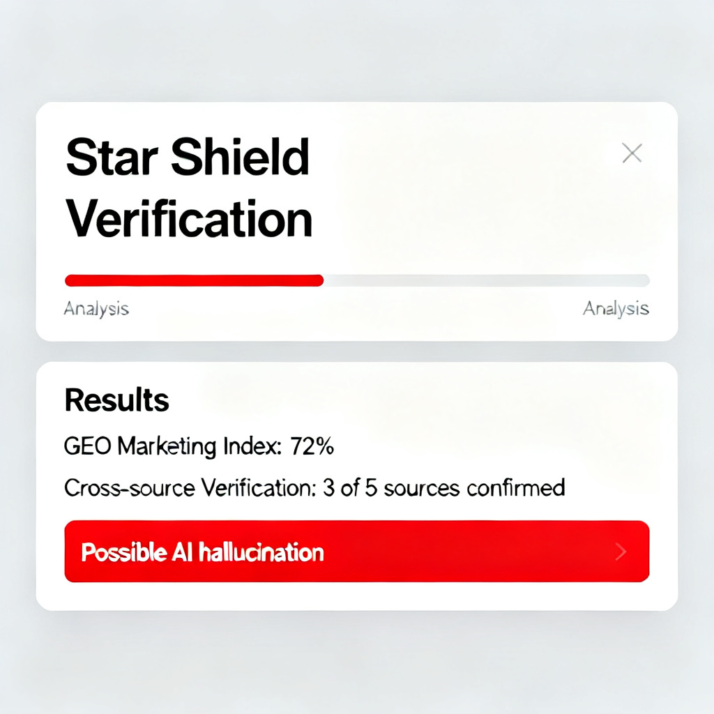 A user interface mockup showing a text input field labeled "Star Shield Verification" with pasted text, a progress bar indicating analysis, and a results panel showing "GEO Marketing Index: 72%", "Cross-source Verification: 3 of 5 sources confirmed", and highlighted "Possible AI hallucination" sections in red