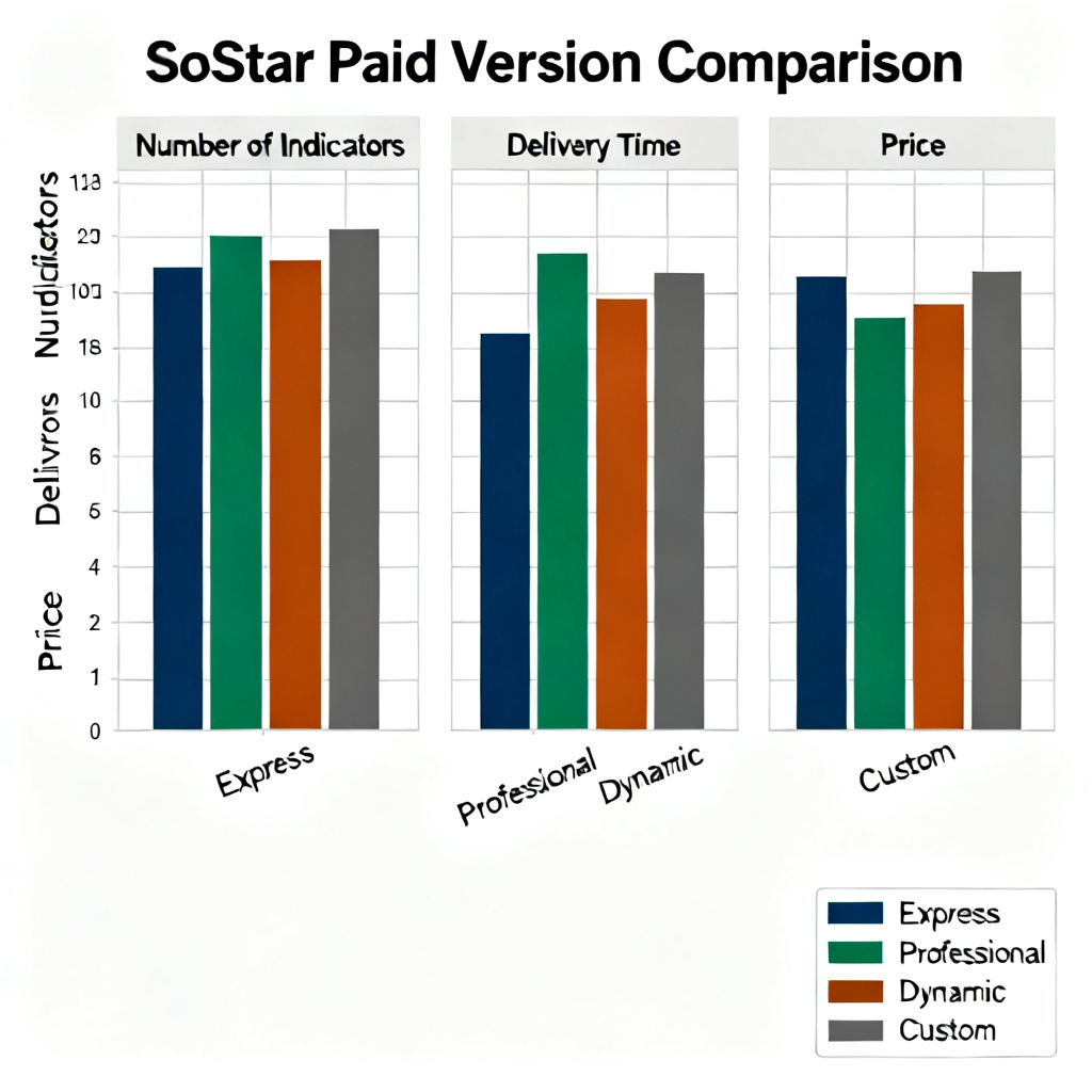 A bar chart comparing the four paid versions of SoStar (Express, Professional, Dynamic, Custom) across three metrics: number of indicators, delivery time, and price. The chart uses a professional color palette with clear labels and a clean layout suitable for a business report.