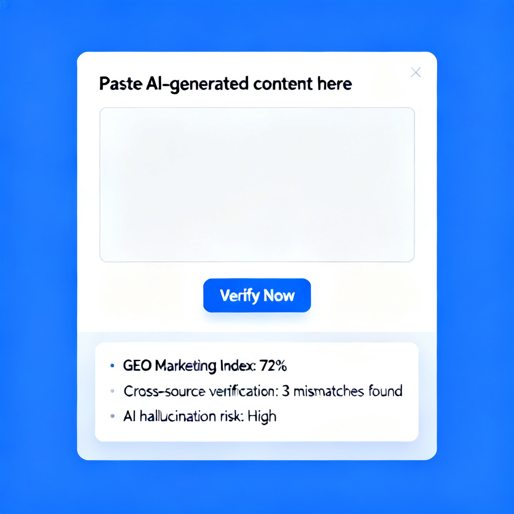 A detailed UI mockup of a free AI content verification tool, showing a text input field with placeholder text "Paste AI-generated content here", a "Verify Now" button, and a sample report displaying "GEO Marketing Index: 72%", "Cross-source verification: 3 mismatches found", and "AI hallucination risk: High". The design is clean and professional, with a blue and white color scheme.