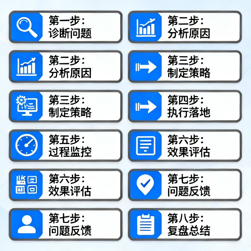 8步流程图，从诊断到复盘，每一步有图标和文字说明，风格专业