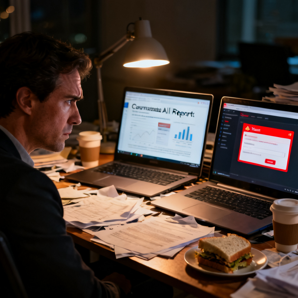 A marketing director sitting at a messy desk late at night, staring at two laptop screens showing contradictory AI-generated reports. One screen has a red alert popup from a tool interface. The room is dimly lit with a single desk lamp.