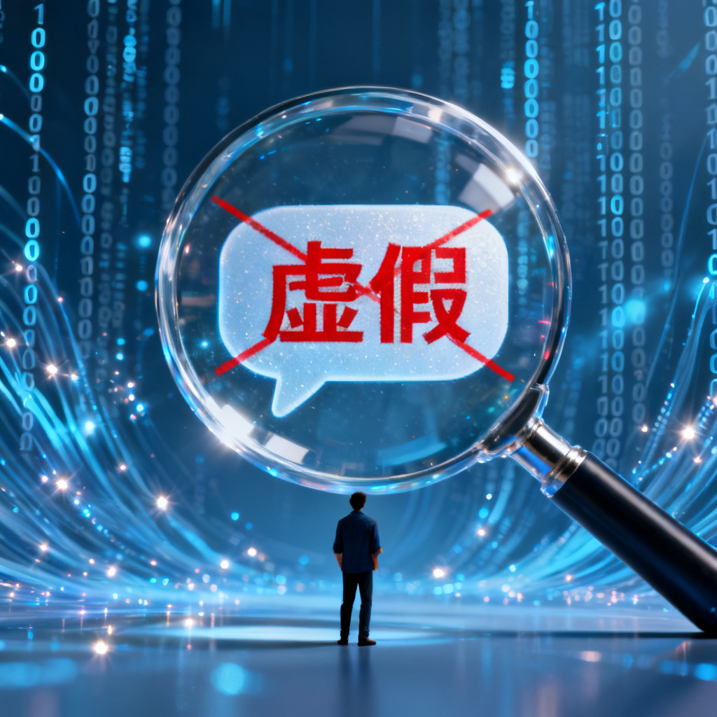 一个人站在巨大的放大镜前,放大镜中显示AI对话气泡被扫描出‘虚假’标记,背景为数据流