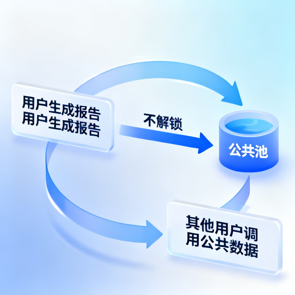 一个动态的“数据飞轮”示意图：左侧是用户生成报告，中间是“不解锁”流向公共池，右侧是其他用户调用公共数据，数据流形成闭环并不断放大。风格：信息图、简洁、动画感。
