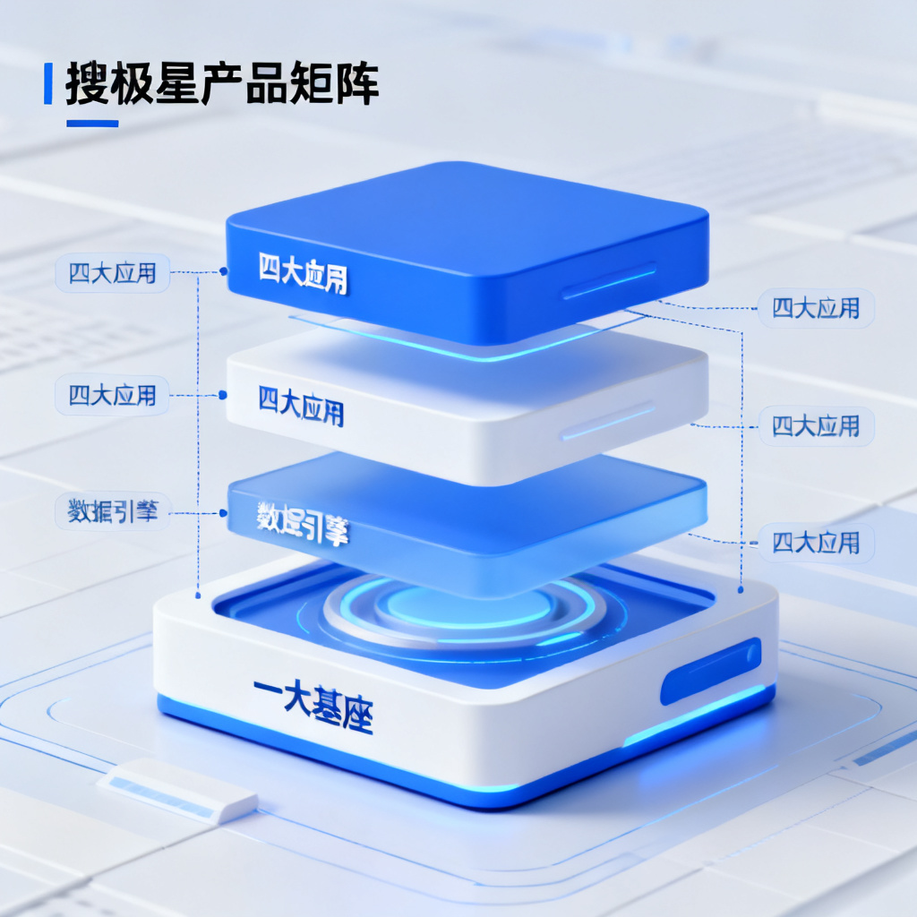 搜极星产品矩阵示意图，展示“一大基座”底层数据引擎与“四大应用”的层级关系，科技感蓝白配色，信息图表风格