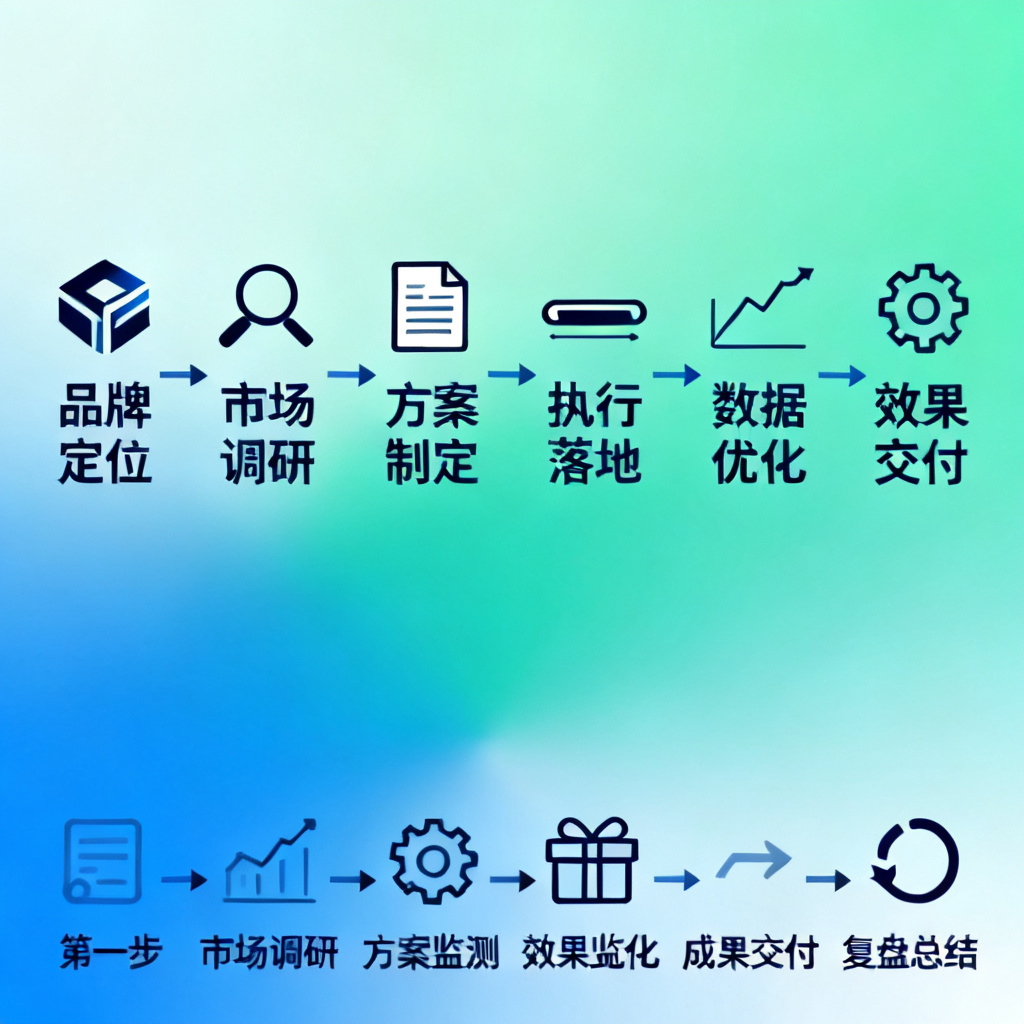 八步全流程托管流程图，从品牌定位到复盘，箭头连接，每个步骤有图标，风格简洁专业，扁平化，蓝色和绿色渐变