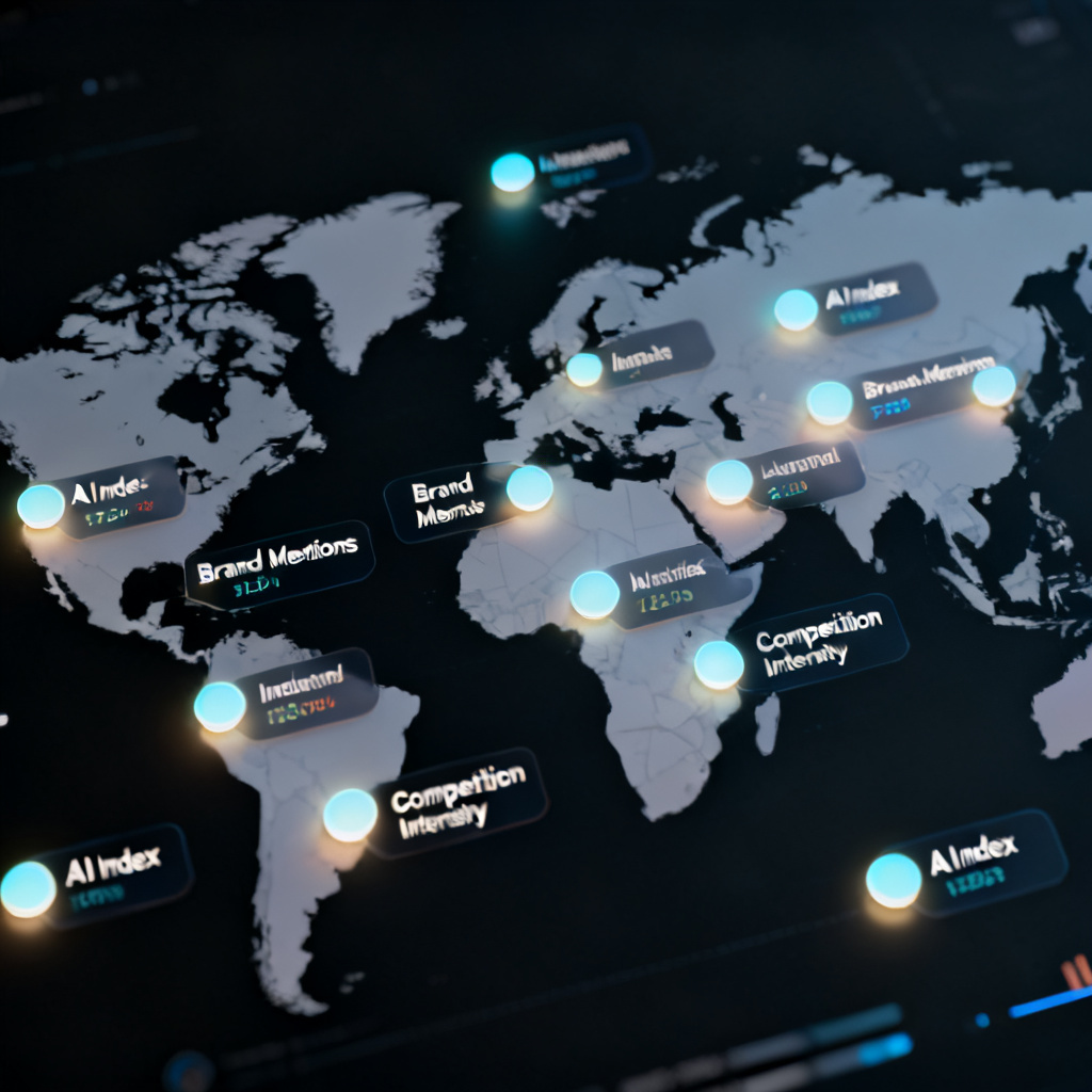 A world map with data points representing 20 major industry categories. Clicking a point reveals real-time AI Index data, brand mentions, and competition intensity. Design style: macro data visualization with dark background and glowing nodes.