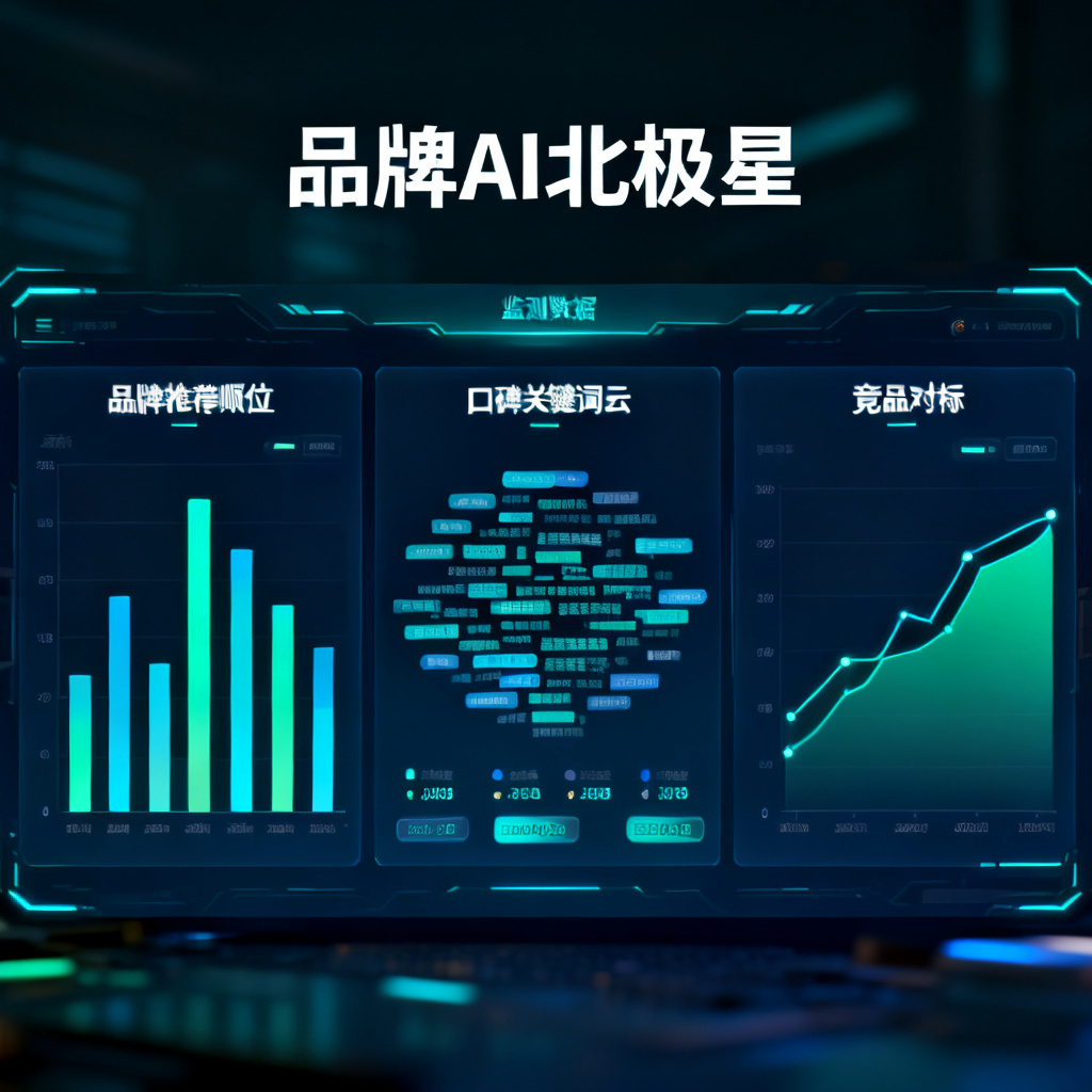 一个动态仪表盘界面，显示“品牌AI北极星”的监测数据，包括品牌推荐顺位、口碑关键词云、竞品对标等可视化图表。