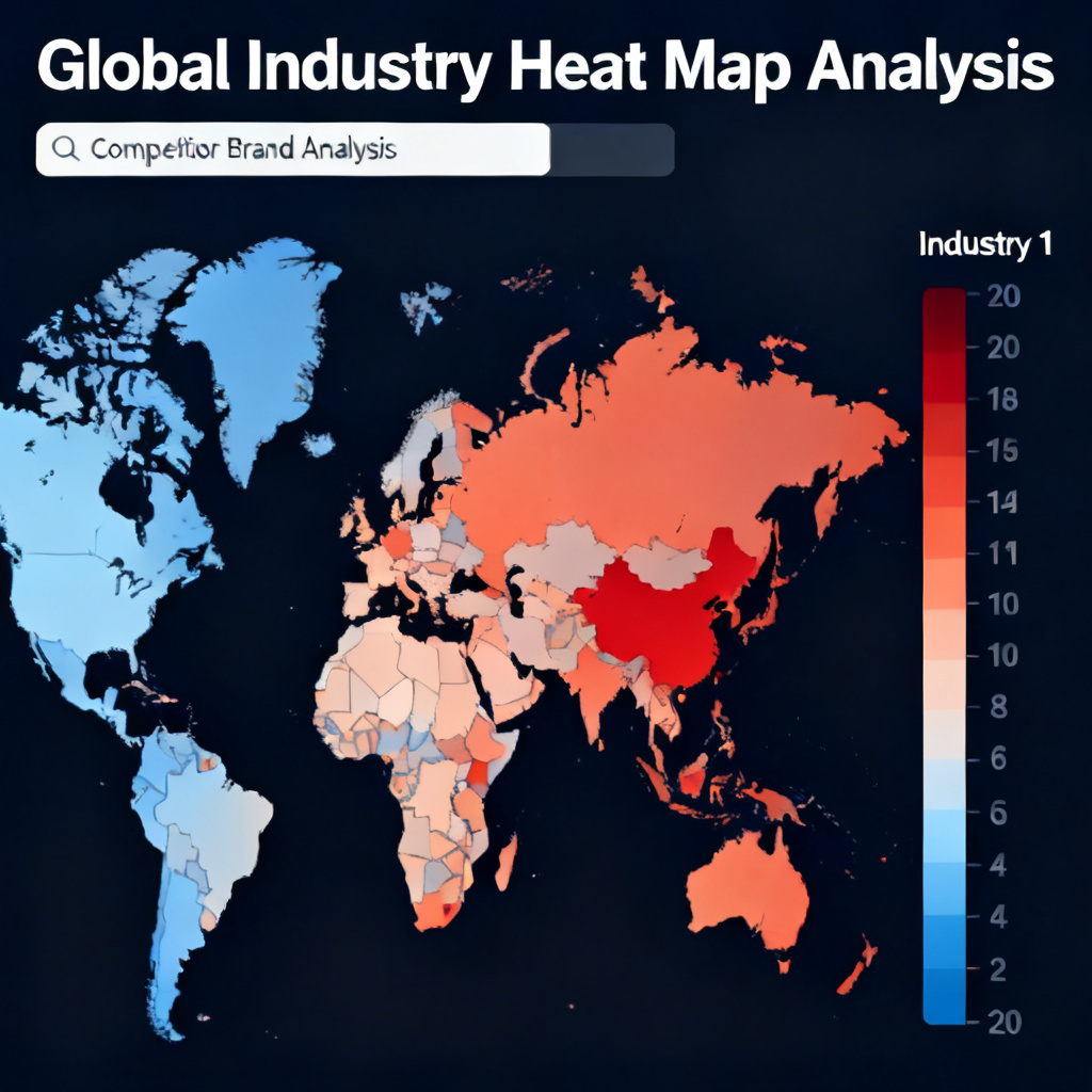 A global map with heat maps for 20 industry categories, with a search bar for competitor brand analysis, in a data-driven visualization style.