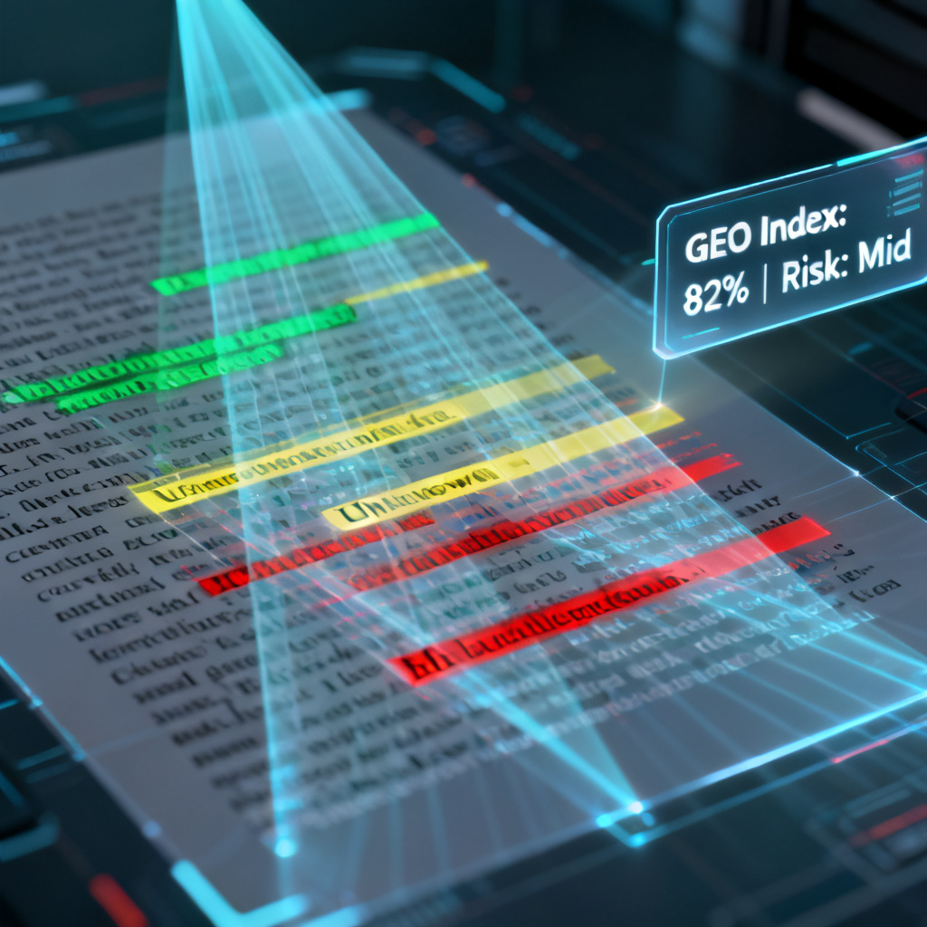 A futuristic scanning interface where a block of text is being dissected by layered holographic beams, with semantic entities highlighted in different colors: green for verified sources, yellow for unknown claims, and red for potential hallucinations. A floating summary panel shows "GEO Index: 82% | Risk: Mid" on the right side.