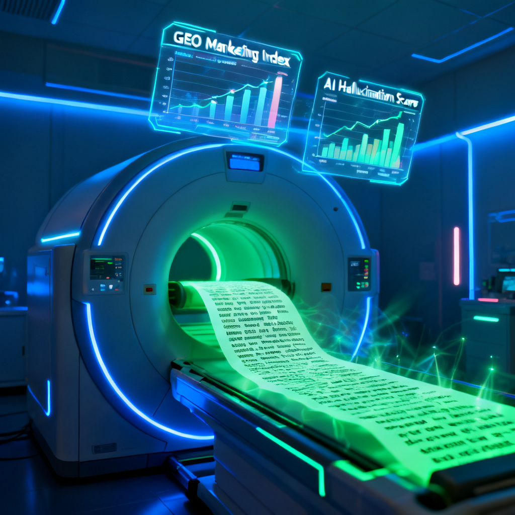 A futuristic CT scanner machine scanning a stream of text, with holographic charts showing "GEO Marketing Index" and "AI Hallucination Score" floating above it. The style is cyberpunk and high-tech, with blue and green neon lights.