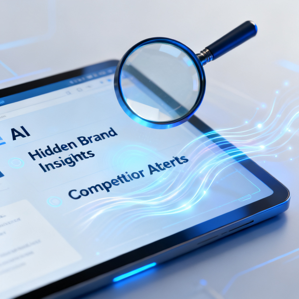 A magnifying glass over a screen displaying AI-generated text, revealing hidden brand insights and competitor alerts with data streams