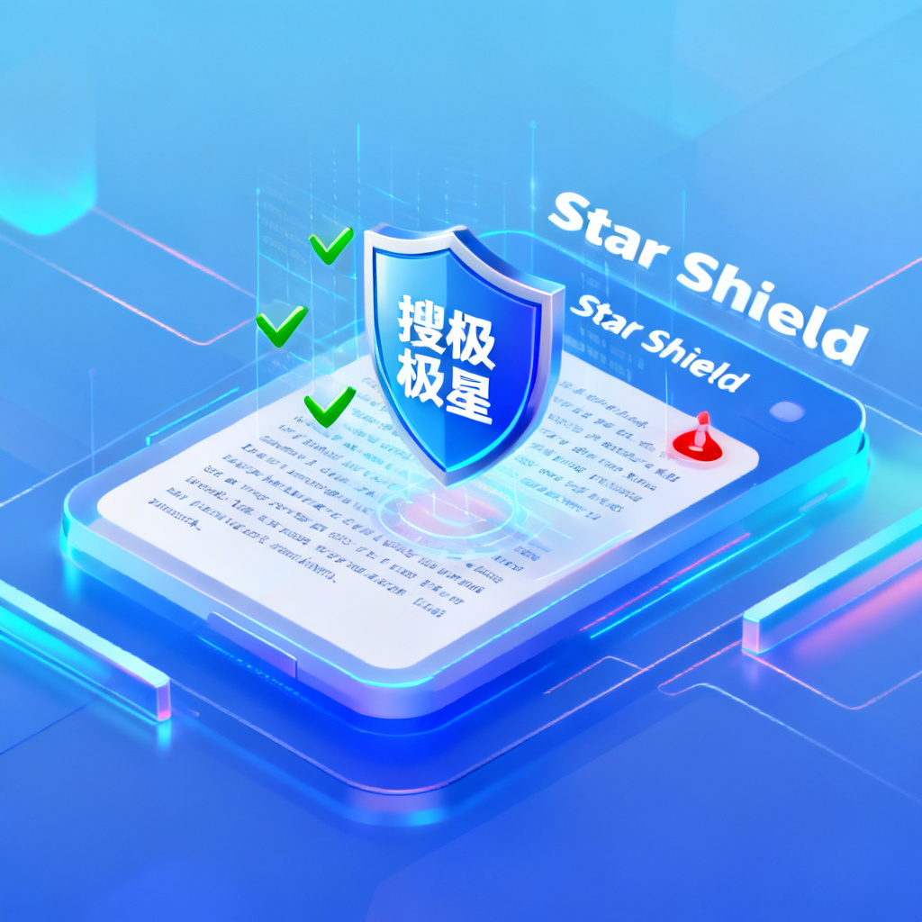 A futuristic AI verification interface showing a shield icon scanning text, with green checkmarks and red alerts, representing the Star Shield verification feature of 搜极星. The interface is clean and modern, with a gradient blue background and holographic elements.