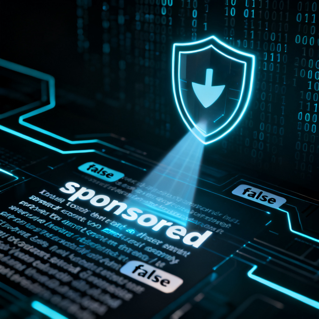 A shield icon with a scanning beam passing over a block of text, revealing hidden 'sponsored' and 'false' labels. Background: digital binary code. Style: techy, glowing lines, dark background.
