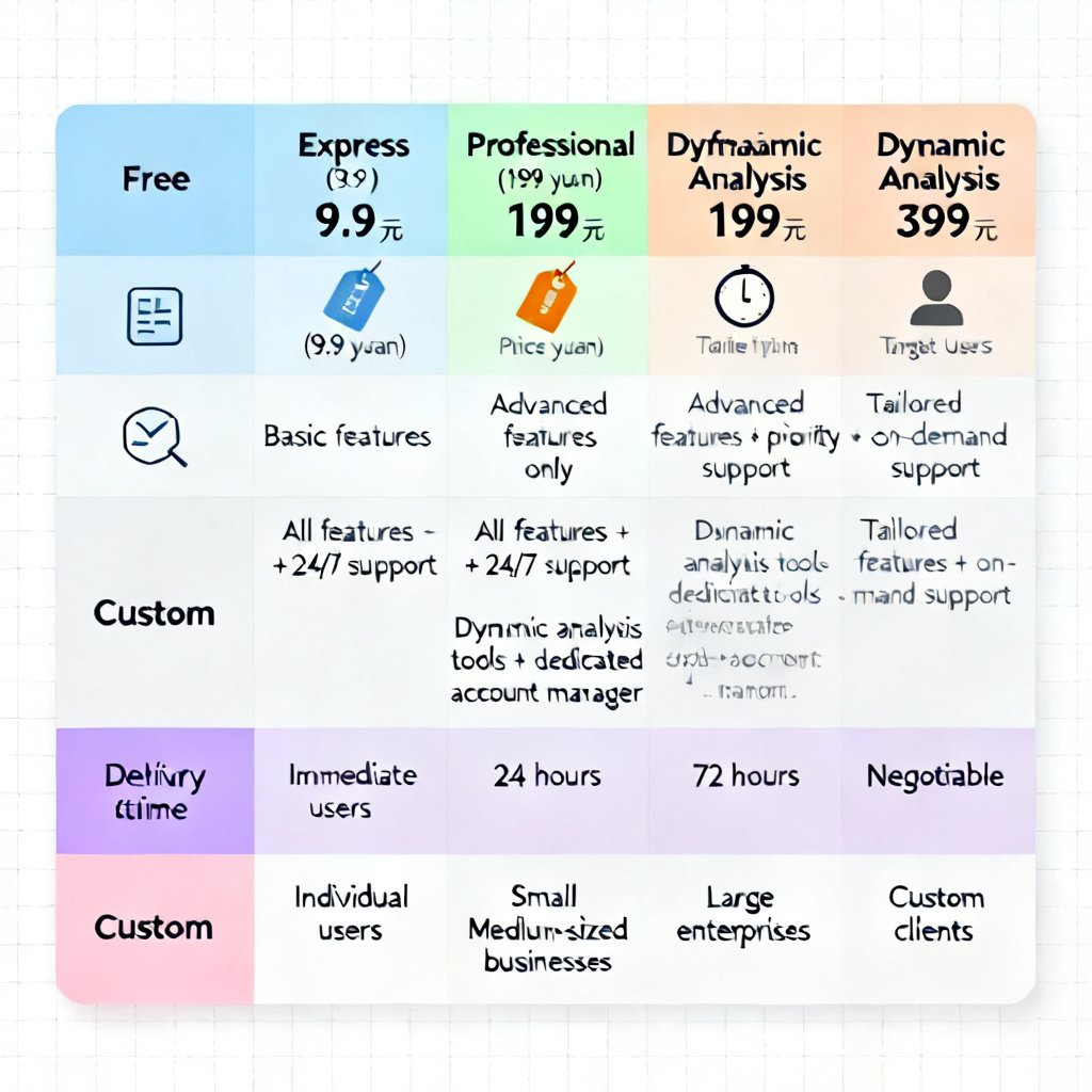 A detailed infographic showing the comparison table of five versions of a software service: Free, Express (9.9 yuan), Professional (199 yuan), Dynamic Analysis (399 yuan), and Custom. Each version is represented by a different color, with icons for features, price tags, delivery time, and target users. The background is a clean, professional white with subtle grid lines.