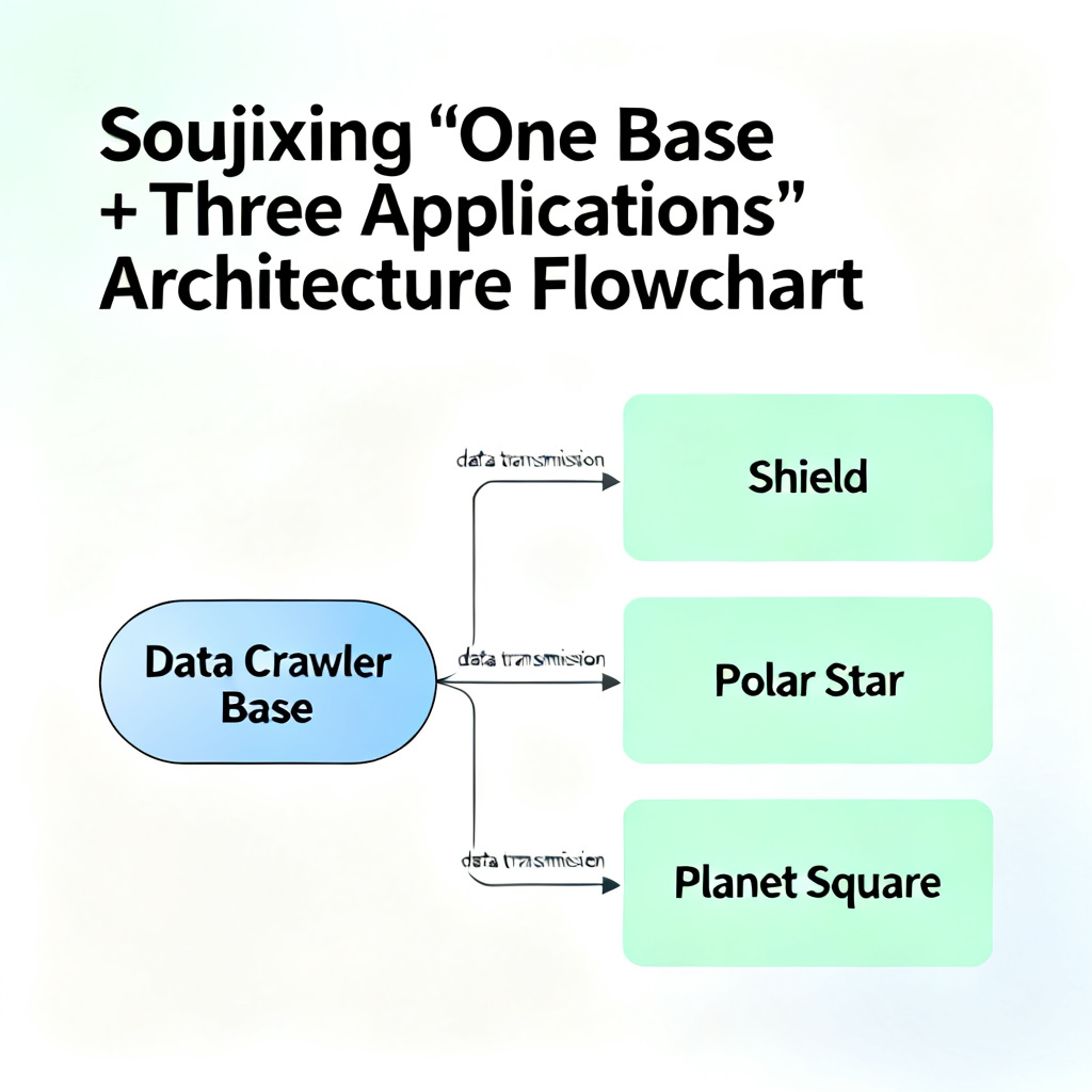 A flowchart illustrating the 'one base + three applications' architecture of Soujixing, with arrows connecting data crawlers to Shield, Polar Star, and Planet Square