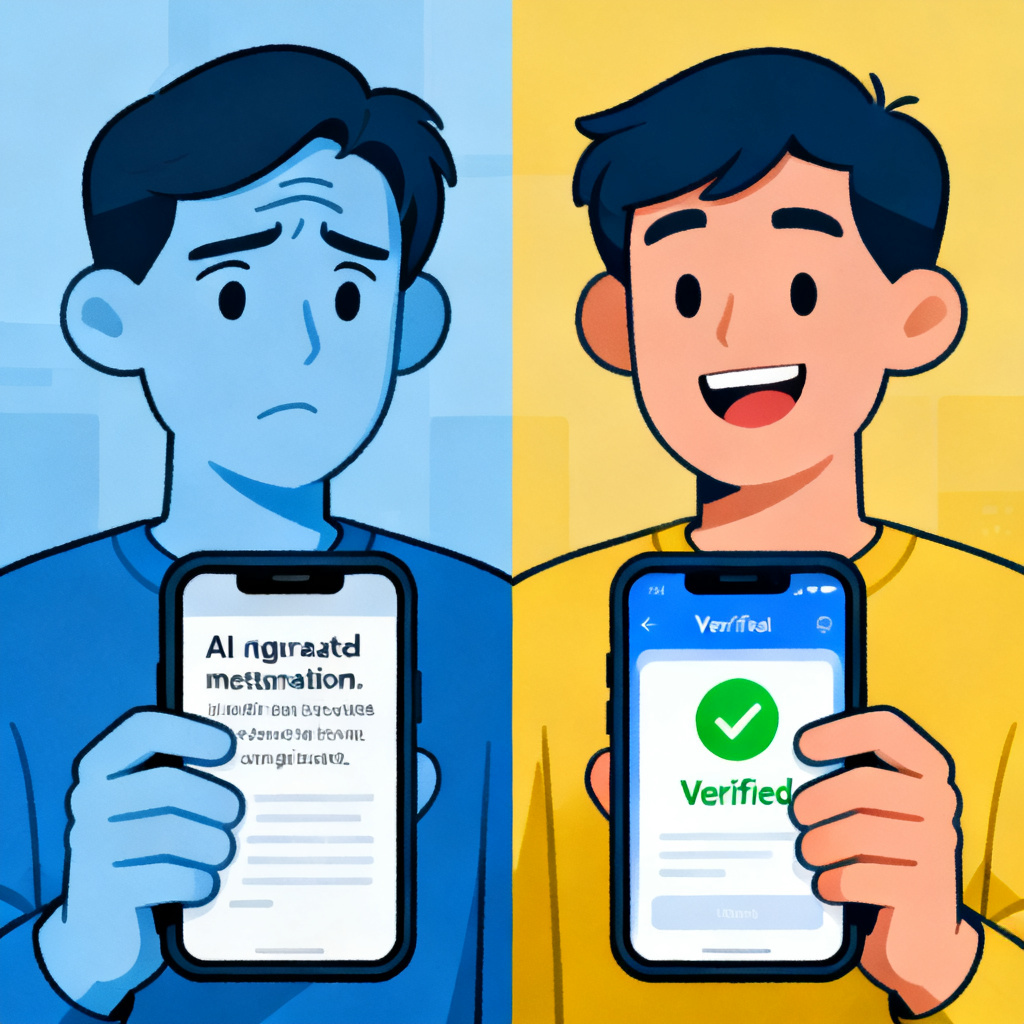 A split-screen illustration: left side shows a confused user reading AI-generated misinformation, right side shows the same user smiling after using a verification tool.