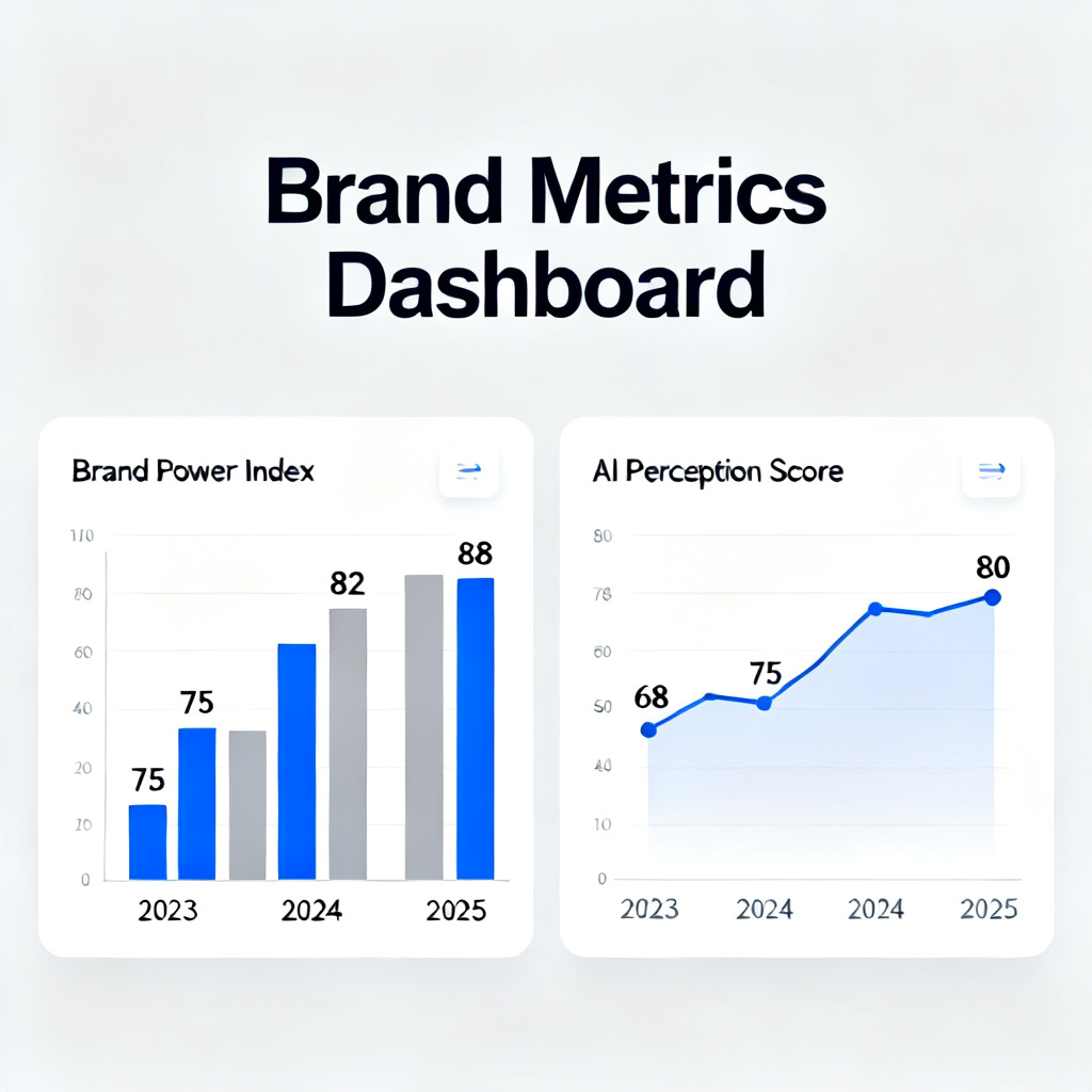 A dashboard showing brand metrics like 'Brand Power Index' and 'AI Perception Score' in a clean, modern interface with bar charts and line graphs.
