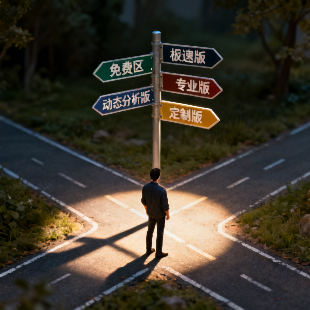 一个人站在十字路口，路标分别指向免费区、极速版、专业版、动态分析版、定制版，光线从不同方向照射，象征决策路径的分化，写实风格