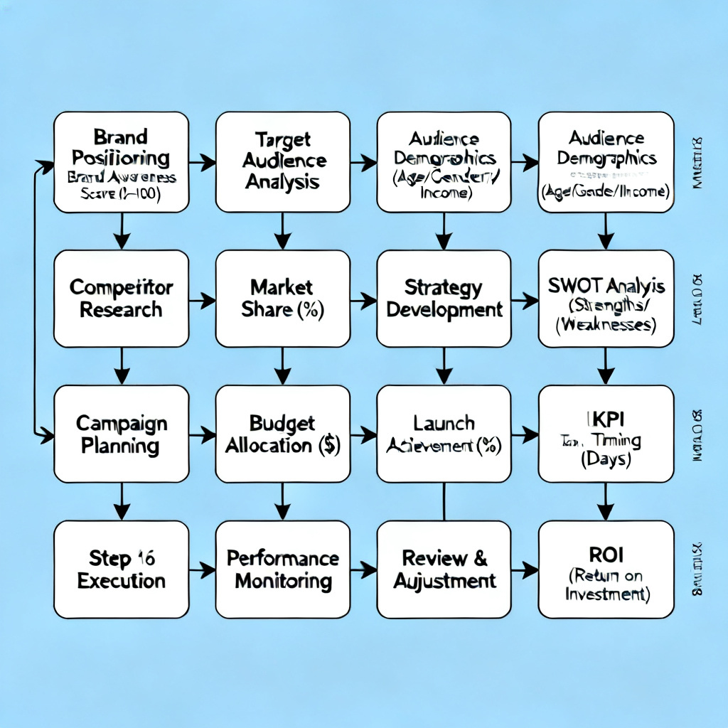 A flowchart showing an 8-step process from brand positioning to review, with arrows connecting each step and key metrics listed on the side