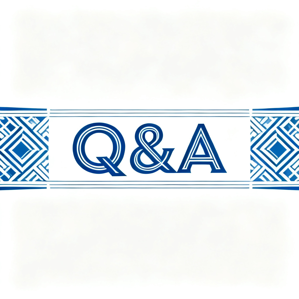 A decorative divider with a stylized 'Q&A' text in the center, flanked by geometric patterns in a corporate blue color scheme, suitable for a professional article.