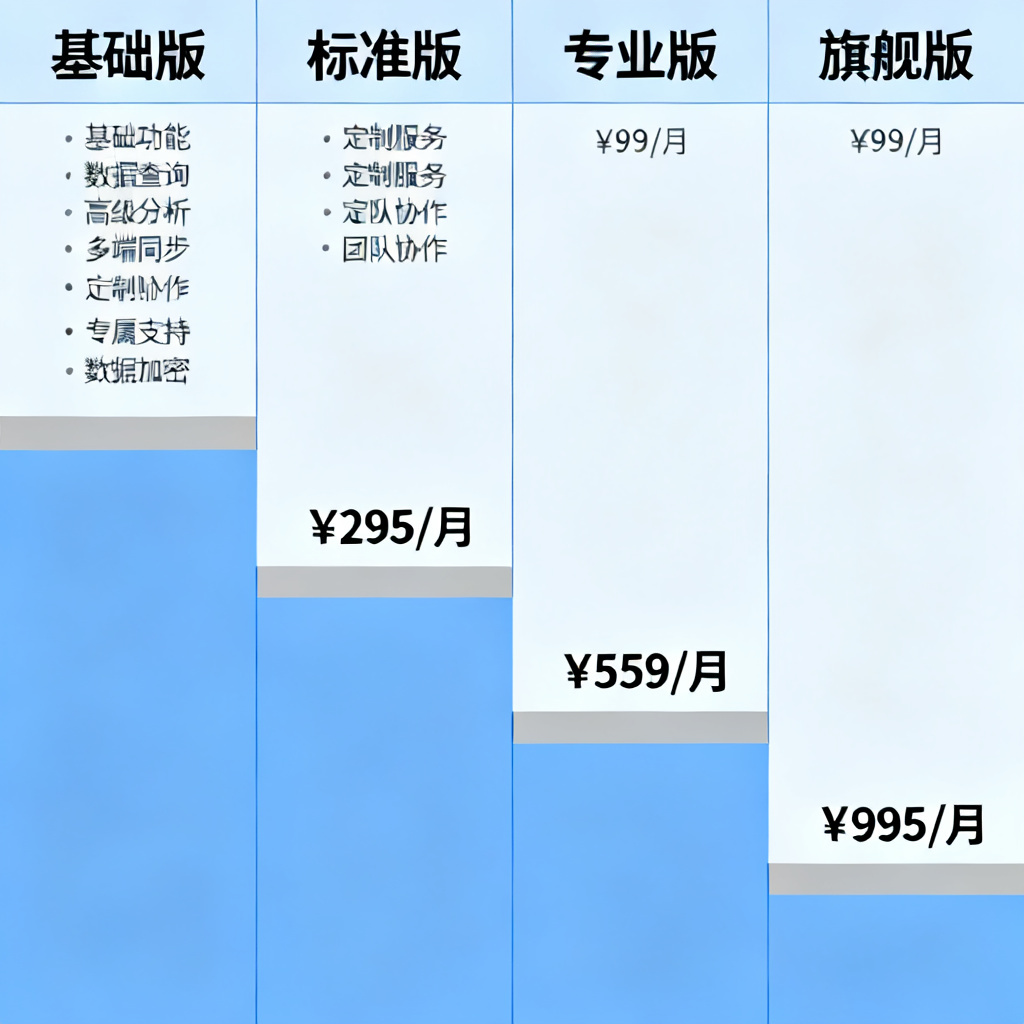 一张阶梯式定价的图表，展示搜极星四个版本的功能和价格对比，风格为极简商业插画