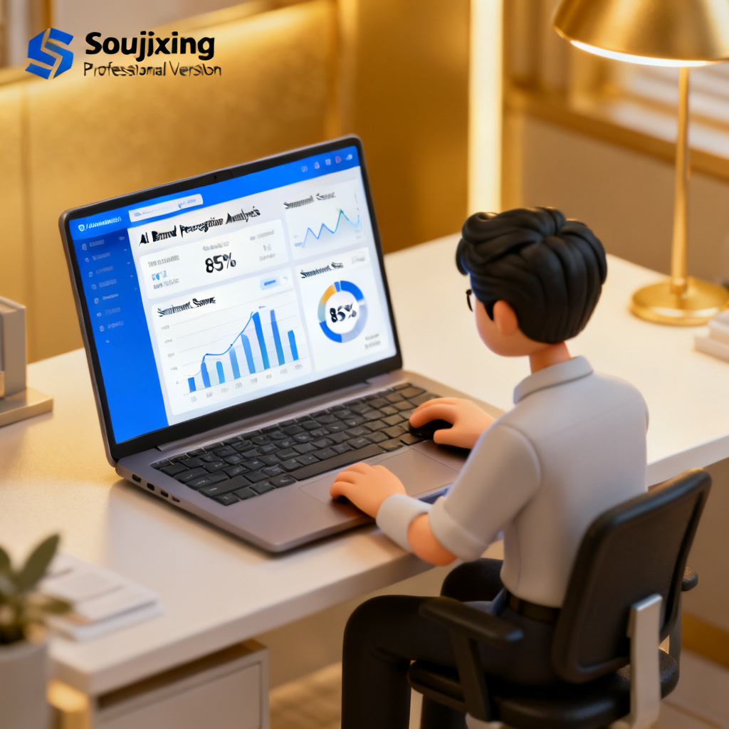 A user scenario illustration showing a small business owner using Soujixing's professional version on a laptop, with AI brand perception data displayed on screen