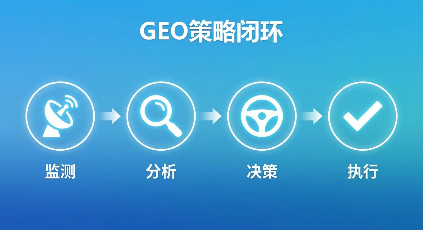 四个图标的流程图，分别为“监测”的雷达图标，“分析”的放大镜图标，“决策”的方向盘图标，“执行”的对勾图标，四个图标用箭头连接，背景为渐变蓝色，标题“GEO策略闭环”