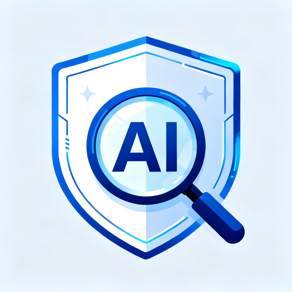 A futuristic shield icon with a magnifying glass over AI text, symbolizing 'Star Shield Verification' detecting AI hallucinations and misinformation, in a clean tech style with blue and white tones