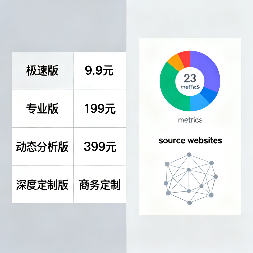A split-screen comparison of four pricing tiers for the “搜极星” service. Left side shows a table with rows for “极速版 9.9元”, “专业版 199元”, “动态分析版 399元”, and “深度定制版 商务定制”. Right side shows a pie chart of 23 metrics and a network diagram of source websites.