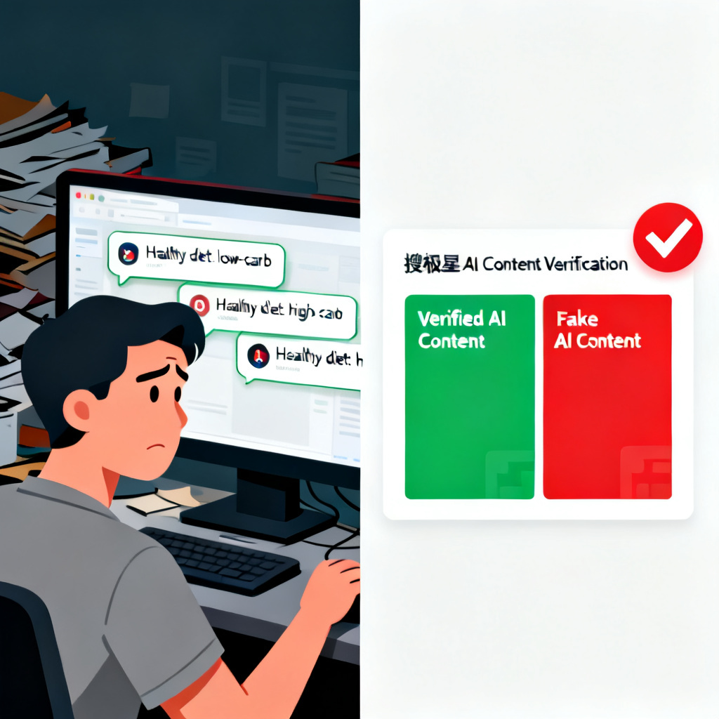 A split-screen illustration showing on the left a confused consumer looking at multiple AI chat windows with contradictory information, and on the right a clear dashboard from 搜极星 showing verified vs fake AI content, with a checkmark icon symbolizing trust and accuracy