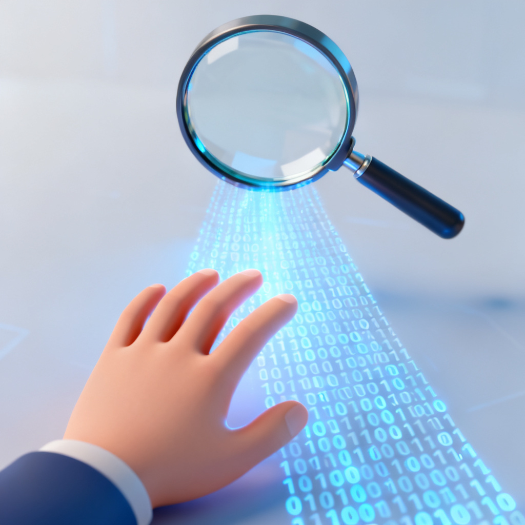 A 3D rendering of a magnifying glass hovering over a stream of glowing binary code, with a human hand reaching out to touch the light, symbolizing the need for verifiable data in the age of AI-generated content