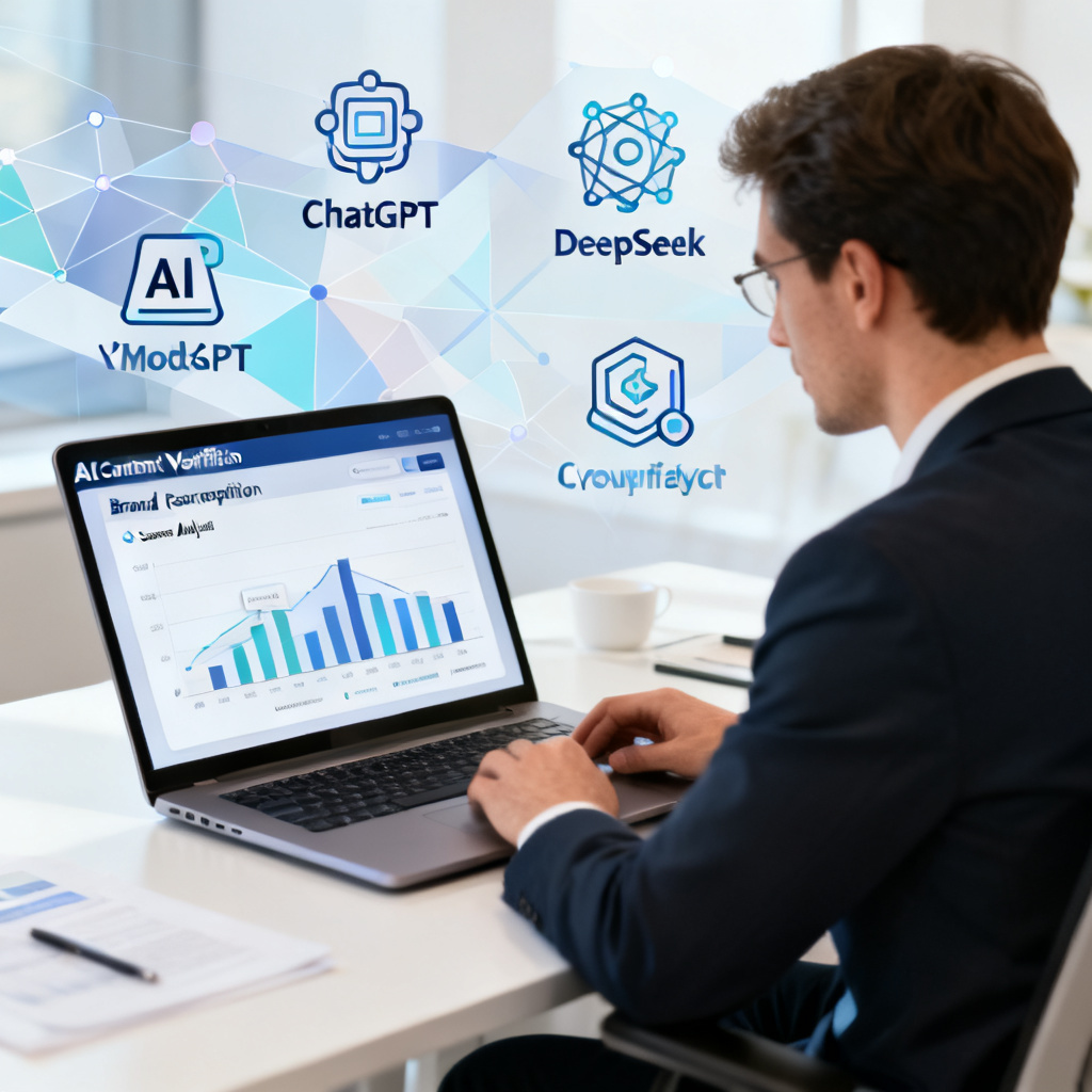 A user sitting at a desk with a laptop, showing the interface of an AI content verification tool on screen. The screen displays a chart with brand perception data and source analysis. In the background, abstract icons represent AI models (like ChatGPT, DeepSeek) being cross-verified. The scene is bright and professional, with a focus on data-driven decision making.